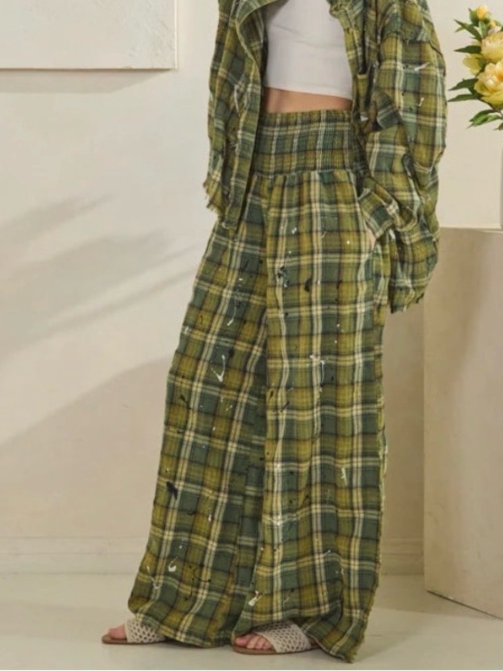 Oli & Hali Evan Washed Plaid Wide Leg Pants Distressed Boho Paint Splatter Large